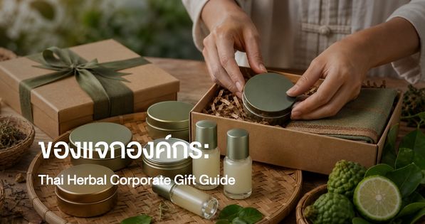 Thai herbal inhalers and liquid-balm corporate gifts being carefully packed by a community artisan on a woven tray.