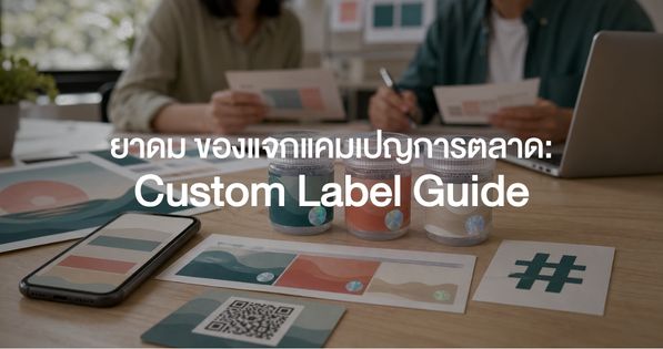 ทีมการตลาดไทยตรวจยาดมติดฉลาก Custom Label สามสีที่เข้ากับ Key Visual พร้อมปรู๊ฟฉลาก การ์ด Hashtag และ QR Campaign บนโต๊ะทำงาน