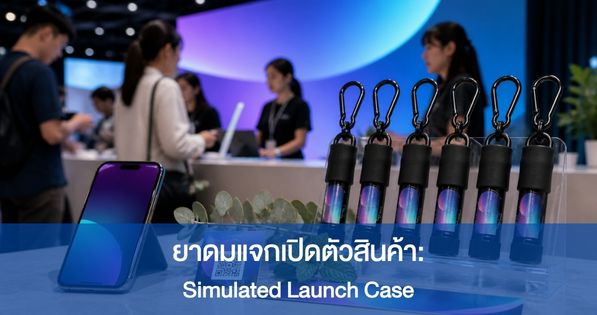 จุดลงทะเบียนงานเปิดตัวสินค้าจำลองจัดแสดงยาดมสีดำแบบคล้องกระเป๋าพร้อมฉลากธีม Indigo Cyan และ Lilac ใบยูคาลิปตัส เปปเปอร์มินต์ QR Card และหน้าจอแคมเปญ
